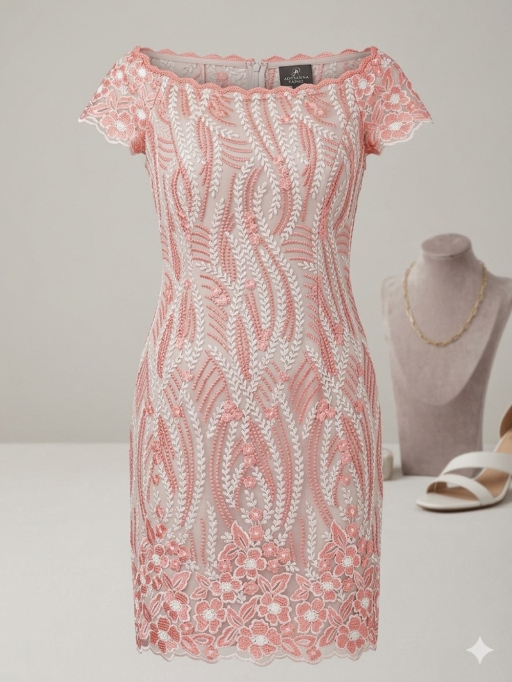 Adrianna Papell Off-The-Shoulder Pink Lace Sheath Dress